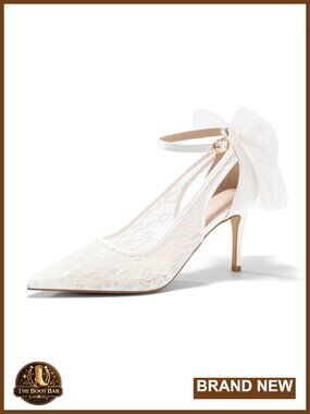 Lace Pointed Toe Stiletto Heels Bow Ankle Strap Wedding Pumps